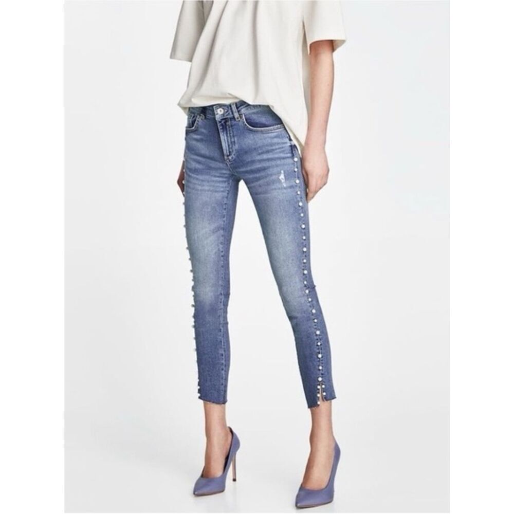NWT Zara Size 2 Mid Rise Blue Skinny Jeans with Studs Rhinestones